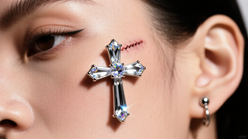 Polished titanium cross dermal top with clear gems on a healed cheek microdermal anchor, photographed in soft studio lighting