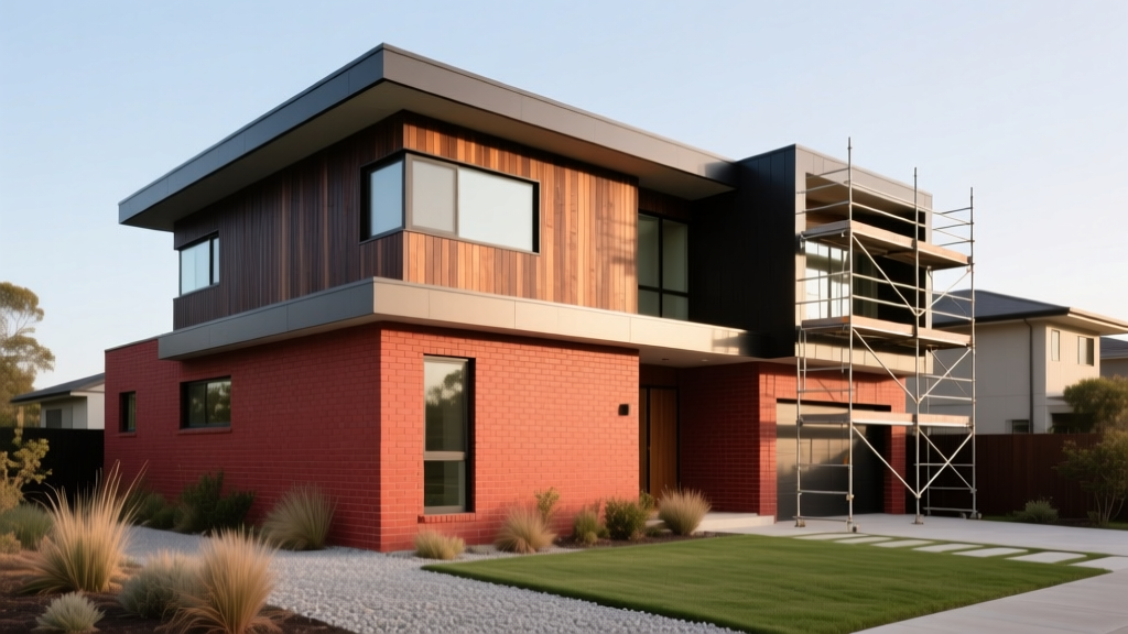 Modern two-story home exterior featuring red modular brick veneer and dark wood siding, with mason scaffolding visible