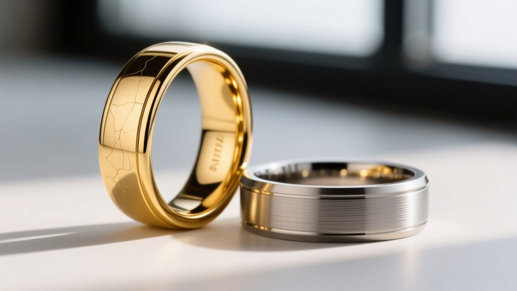 Macro photography comparing the surface texture of polished 18k yellow gold and brushed Grade 5 titanium mens jewelry bands