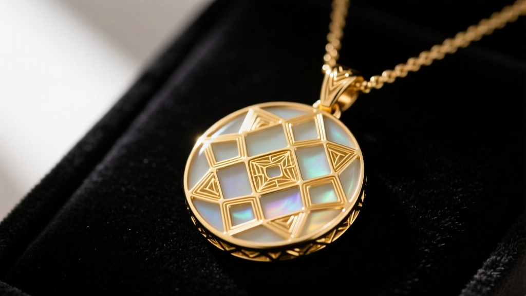Close-up of a VCA guilloche necklace pendant with intricate engine-turned gold patterns under translucent enamel on dark velvet.