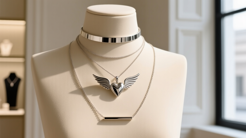 Three layered necklaces on a mannequin: a 16-inch choker, an 18-inch winged heart pendant, and a 20-inch minimalist bar chain