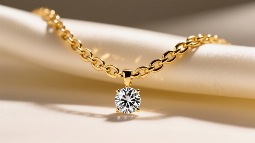14k yellow gold box chain on silk, showing a lab-grown diamond solitaire pendant under soft, warm studio lighting.