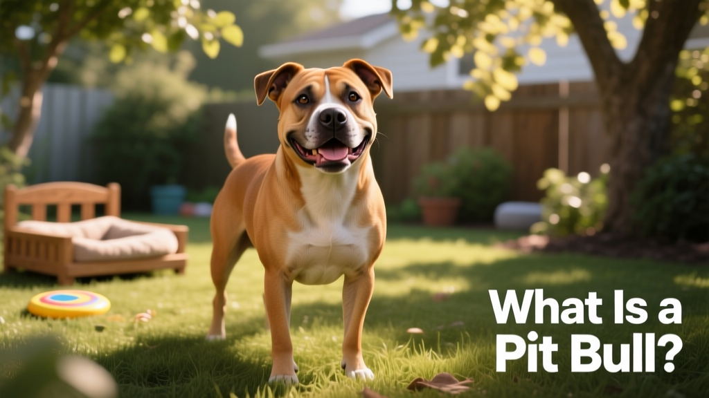 A friendly, well-socialized pit bull-type dog smiling at the camera
