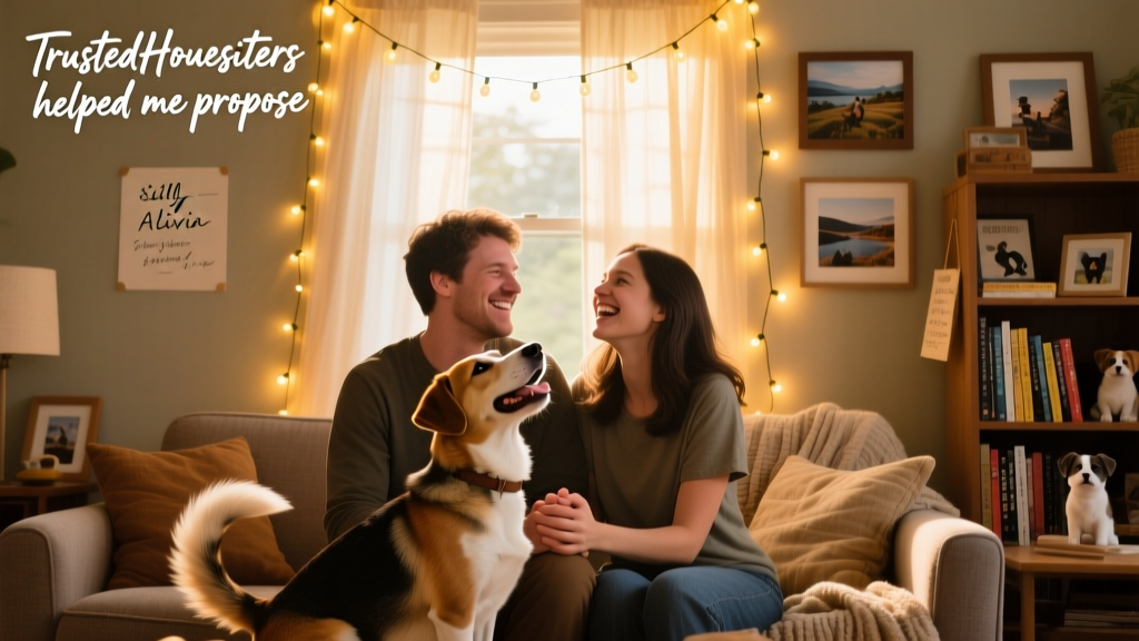 Sam and Olivia celebrating under string lights in their decorated living room, with Tilly sitting happily between them