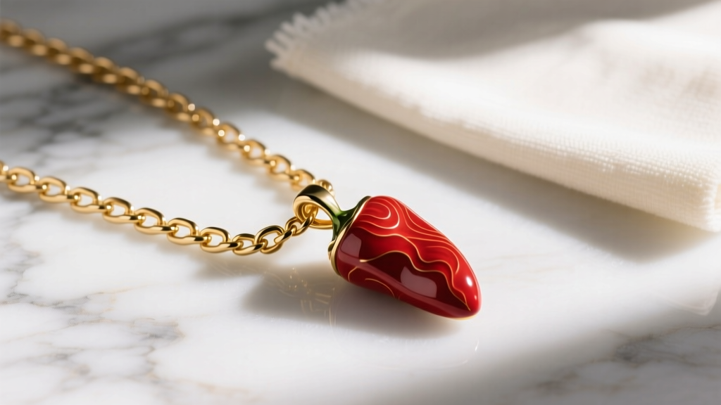 An elegant 18-inch 14k gold box chain threaded through the bail of a red enamel Italian pepper pendant, laid flat on a marble surface next to a microfiber cloth