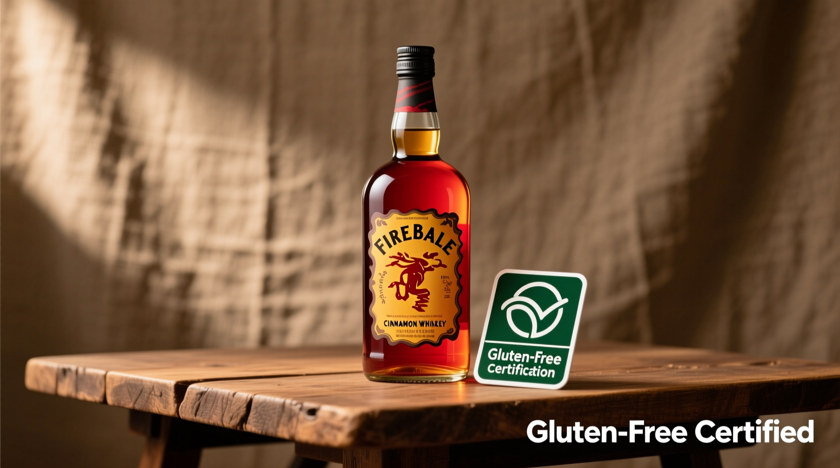Fireball Cinnamon Whiskey Flasche neben glutenfreier Zertifizierung