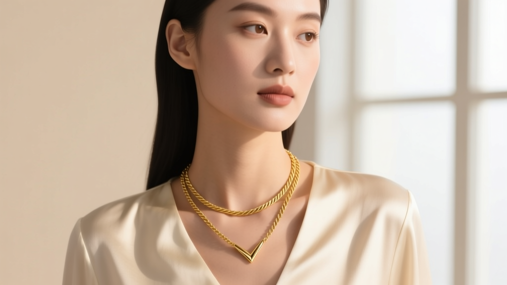 Close-up of a model wearing a 14k gold v necklace layered with a cable chain against a cream silk blouse in soft studio lighting