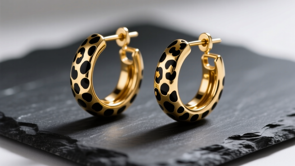 Macro shot of gold leopard print enamel hoop earrings on dark slate, showing black spots and metallic hinges under soft lighting