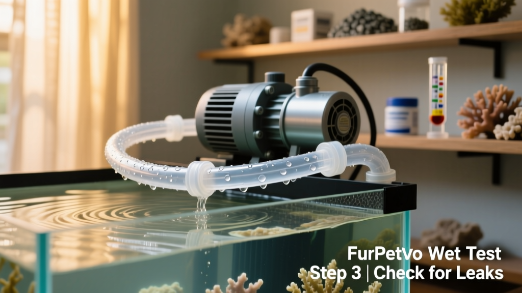 Close-up of a FurPetVo wet test in progress: clear water flowing through tubing, pumps running, and no visible leaks