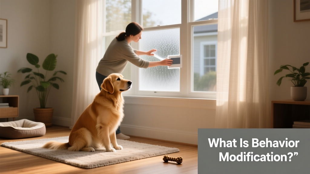 A dog owner using a window film to reduce visual stimulation for a dog sensitive to passersby, demonstrating proactive management
