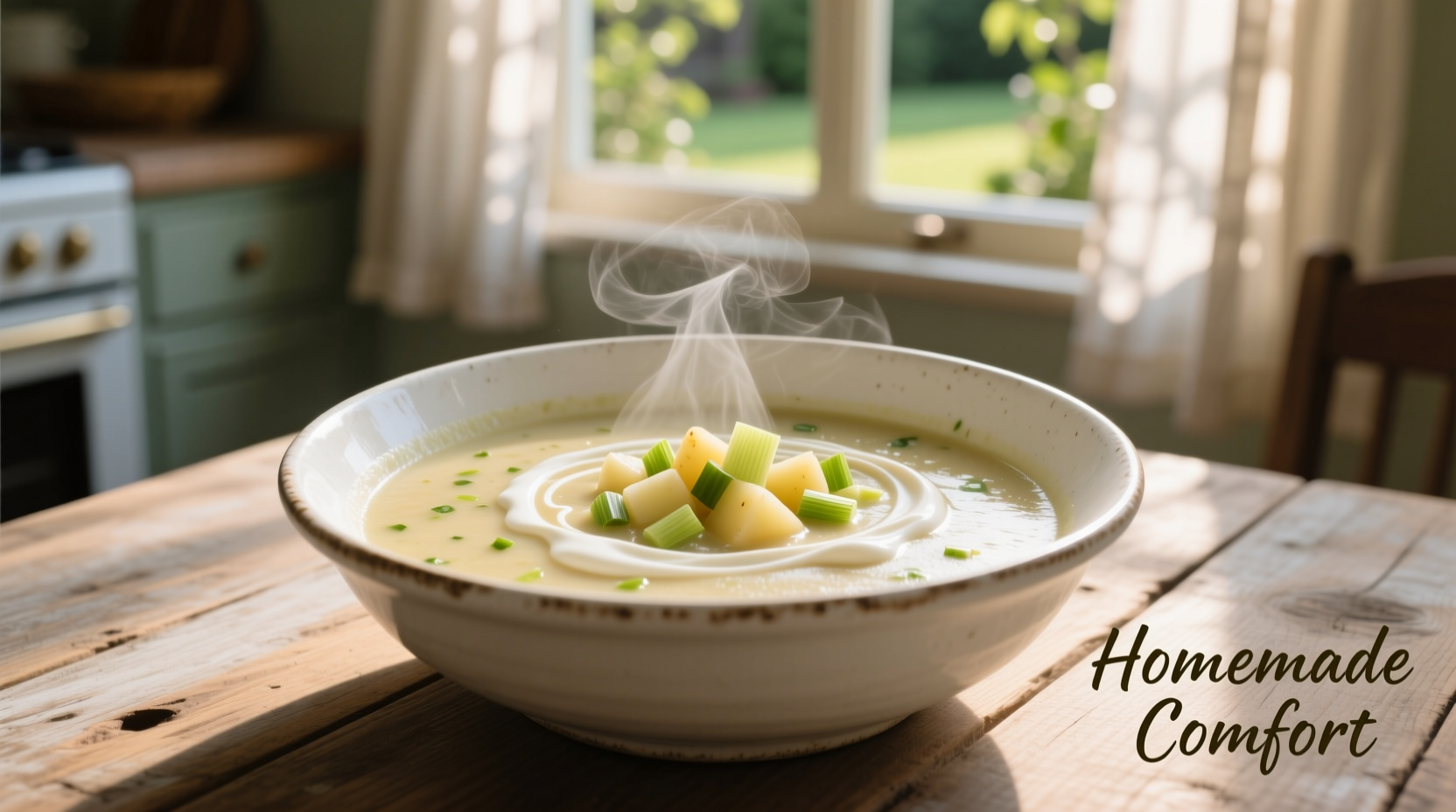 Creamy potato leek soup in white bowl