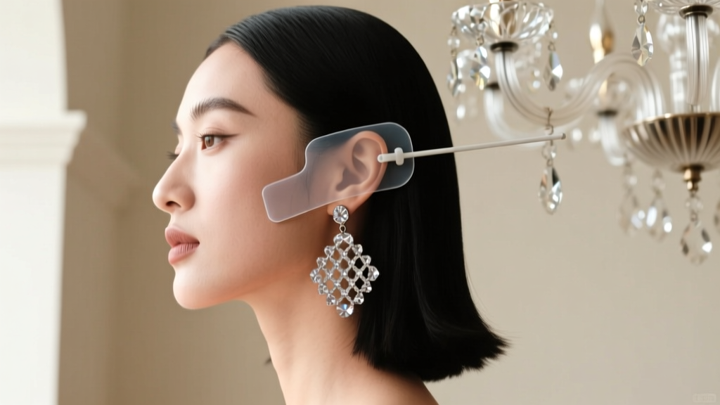 Side profile of a woman wearing a clear polyurethane earlobe support patch behind a heavy chandelier earring to prevent lobe sag.
