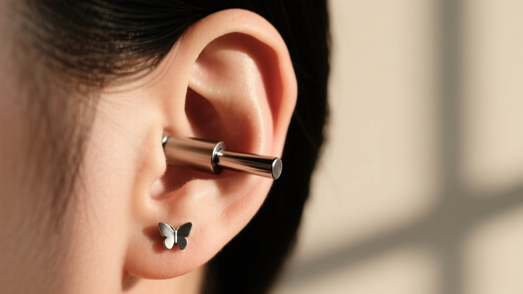 Side profile of an ear showing a fitted titanium labret in the lobe, avoiding the tight butterfly back that traps moisture and debris