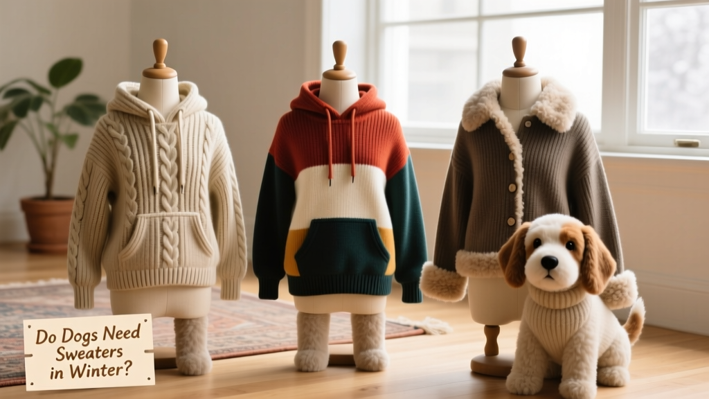 Three different dog sweaters laid out side by side: basic hoodie, colorblock hoodie, and button-down style