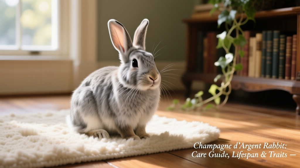 A mature Champagne d’Argent rabbit sitting calmly on a soft rug, showcasing its shimmering silver-gray fur and expressive dark eyes