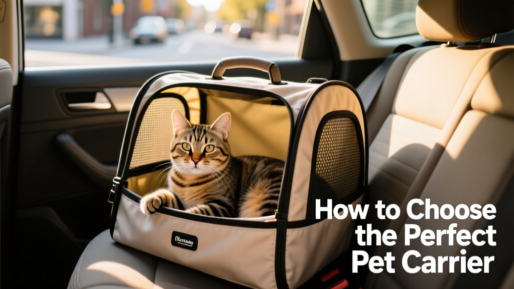 A calm cat sitting comfortably inside a well-ventilated soft-sided carrier on a car seat