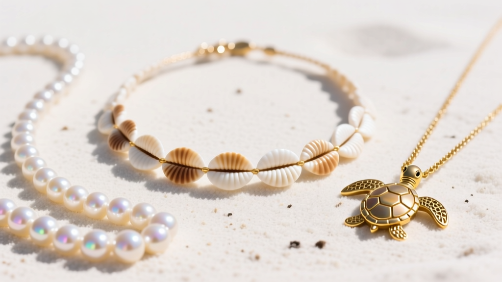 Flat lay of Hawaiian necklaces with a puka shell choker, a gold honu pendant, and a pearl strand resting on white beach sand.