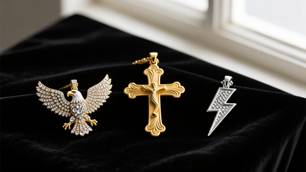Flat lay of three vintage Elvis pendants: a diamond eagle, a heavy gold cross, and a silver lightning bolt on dark velvet.
