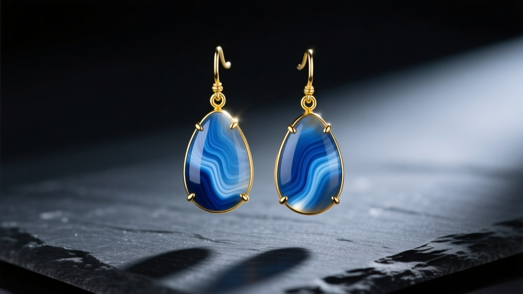 Close-up of polished blue lace agate drop earrings in 14k yellow gold, resting on dark slate with soft, moody directional lighting