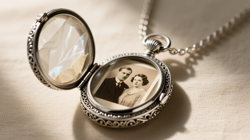 Open sterling silver large locket necklace revealing a vintage photo protected by a precisely cut piece of archival glassine paper.