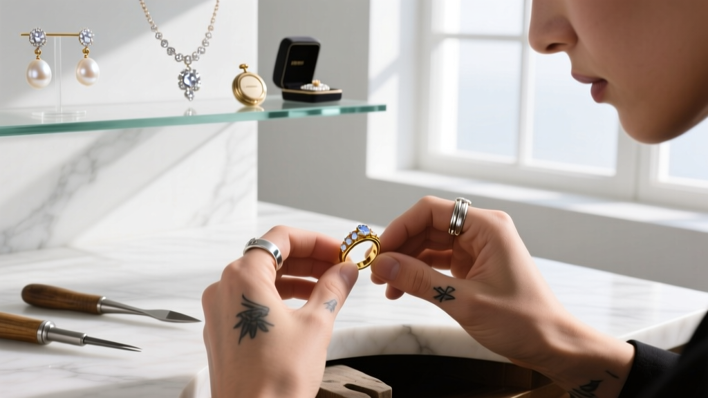 Jeweler's hands using a treated microfiber cloth to buff a highly reflective 14k yellow gold signet ring on velvet.