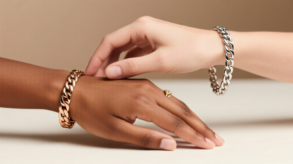A diverse pair of hands displaying a rose gold tennis bracelet on a warm skin tone and a bright silver chain on a cool skin tone