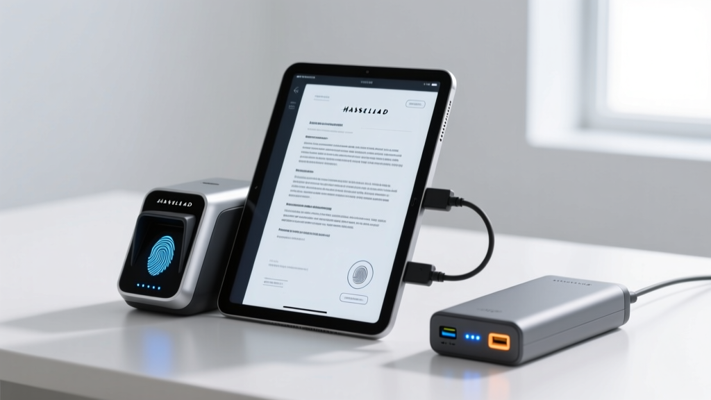 Digital biometric thumbprint scanner and tablet displaying a legal document, plugged into a high-capacity off-grid power bank.