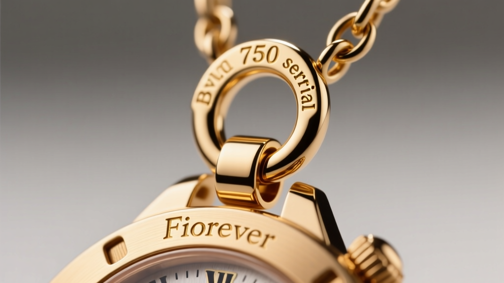 Macro photography of a Fiorever pendant clasp showing the 750 gold hallmark and Bvlgari serial number engraving on the jump ring.