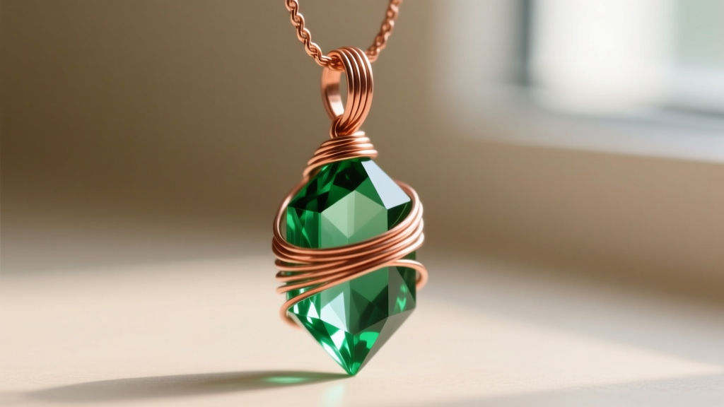 Close-up of 24-gauge copper wire carefully wrapped around a sealed green geometric crystal to form a delicate pendant bail.