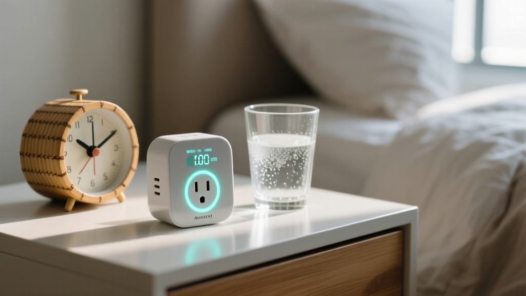 Close-up of a smart plug monitoring energy usage on a nightstand next to a recycled-material alarm clock and a glass of water.