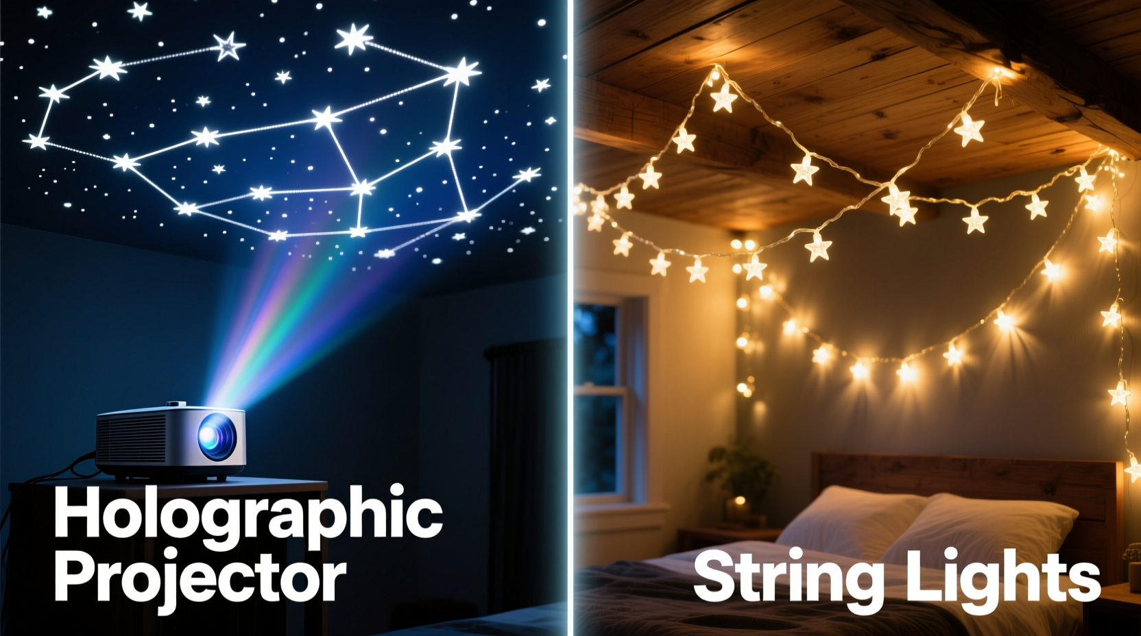 holographic projector vs string lights for creating a starry night effect