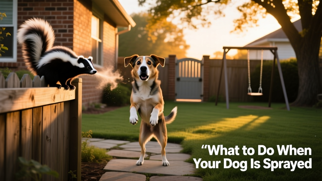 Dog looking startled with paws up near a skunk in a backyard at dusk