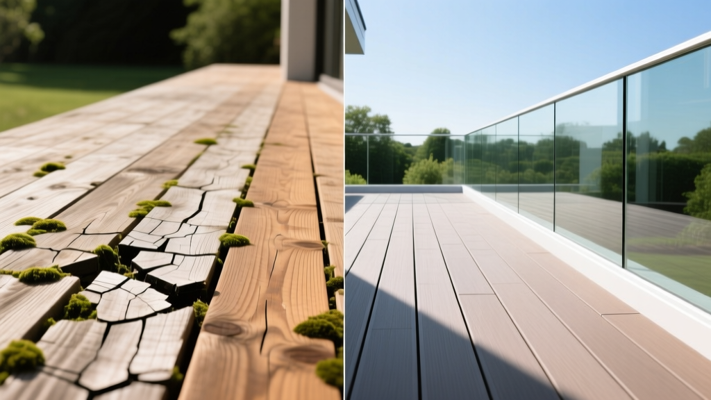 Split-screen comparison of a weathered, splintering wood deck next to a pristine capped composite deck with modern glass railings