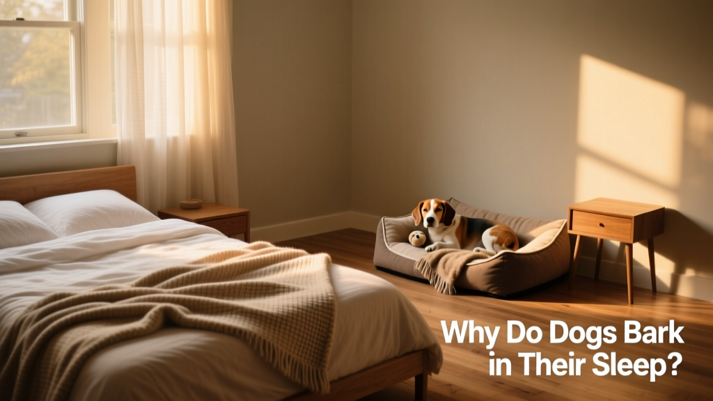 Two separate sleeping areas: a human bed in one room, and a dog bed with blanket and toy in an adjacent, quiet space
