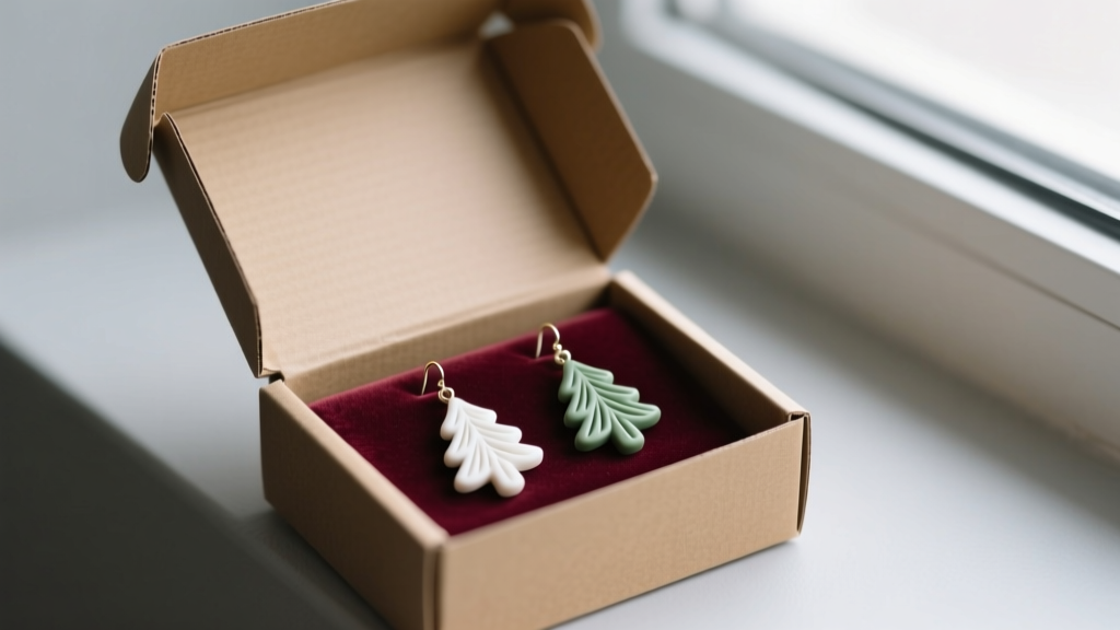 Opened kraft paper gift box revealing minimalist winter pine tree polymer clay drop earrings resting on velvet inside.