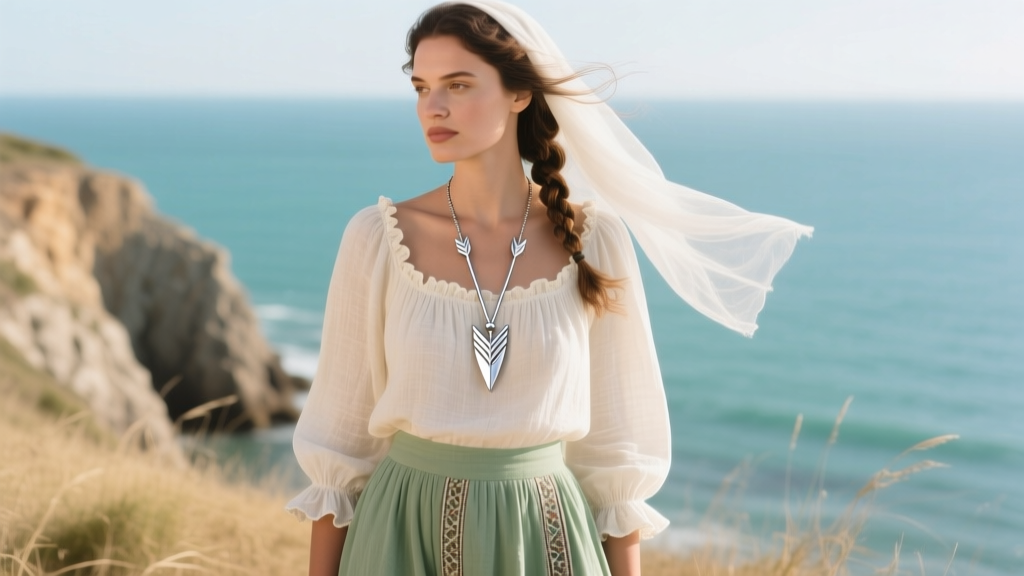 Woman wearing a layered boho outfit featuring a long silver-tone Avon arrowhead necklace over a cream linen blouse in sunlight.