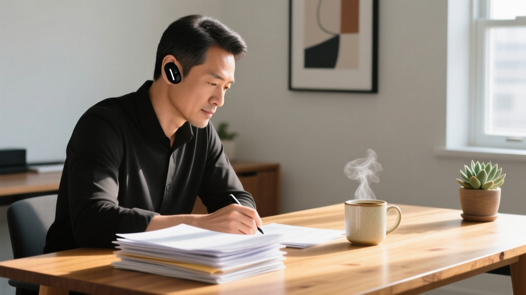 Professional working at a sunlit wooden desk wearing sleek black true wireless earbuds while reviewing documents with a coffee mug nearby