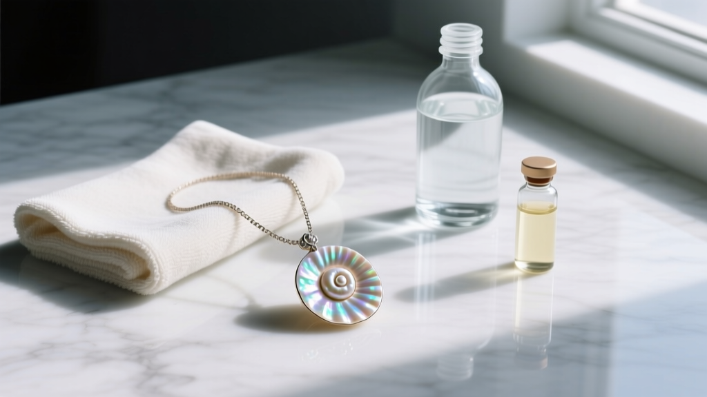 Microfiber cloth, distilled water, and mild soap arranged on a marble surface beside an elegant ariel shell necklace pendant