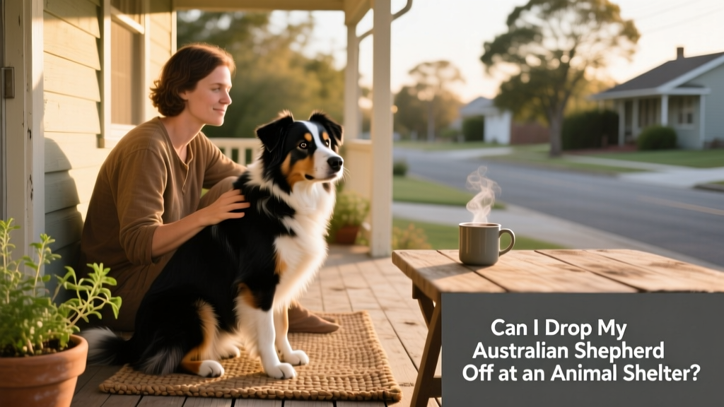 Australian Shepherd sitting calmly beside owner on a quiet porch