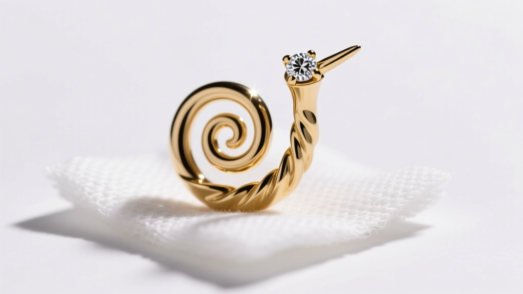 Macro shot of a 14k gold nostril screw on sterile gauze, highlighting the spiral hook and a small prong-set diamond gemstone.