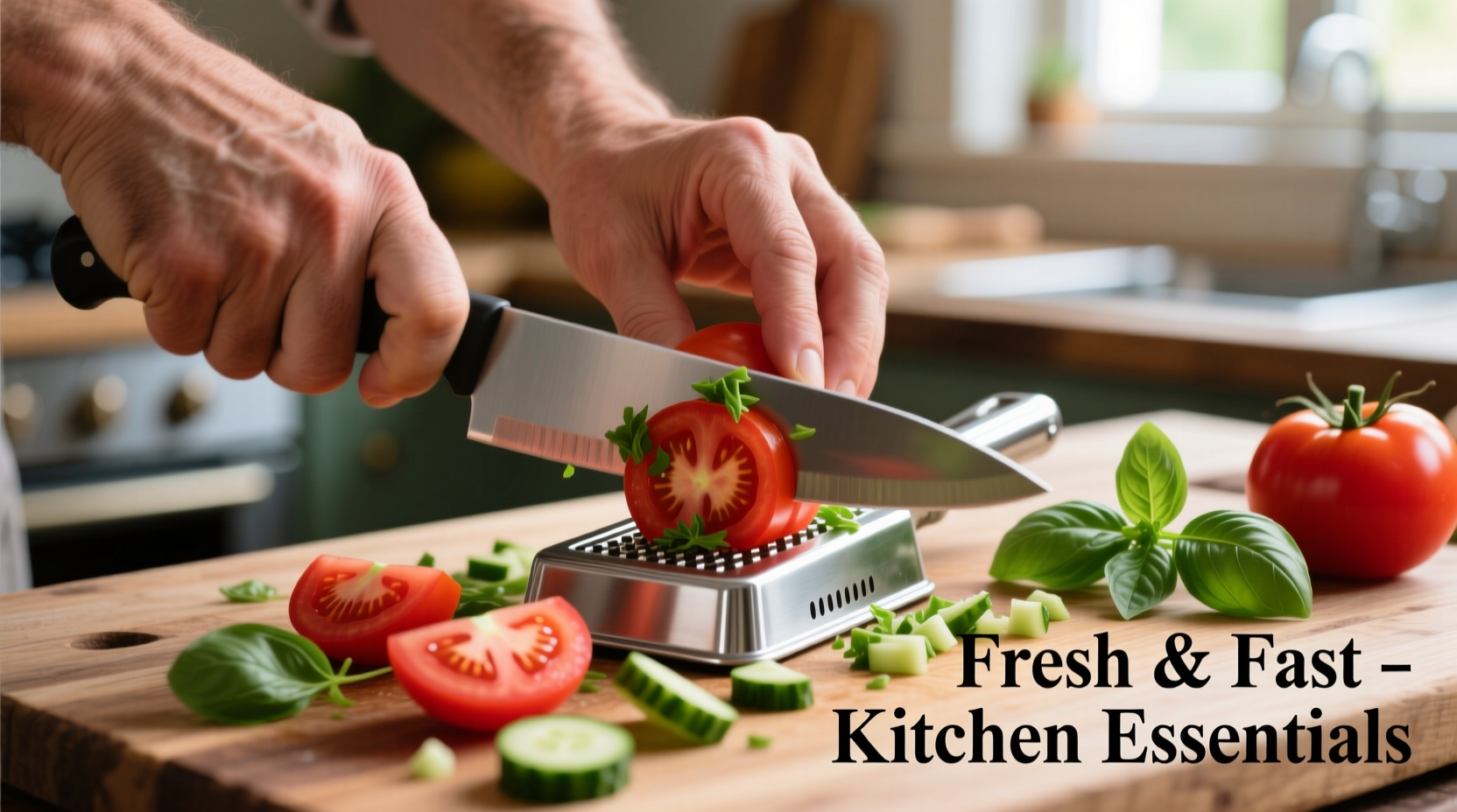 Hands using tomato chopper with fresh produce