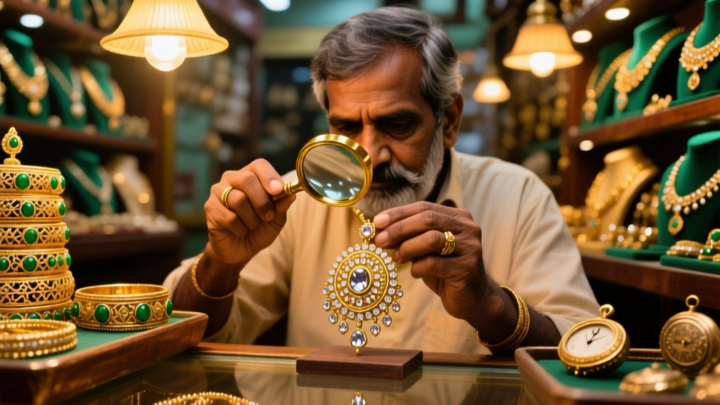 A jeweler in Mumbai Zaveri Bazaar examining a 22-karat gold Kundan pendant with a magnifying loupe under warm shop lighting.