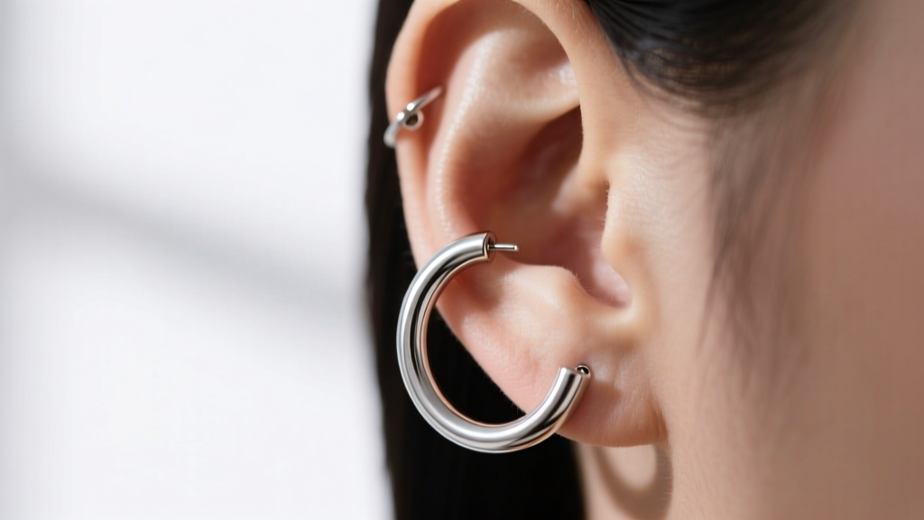 Side profile of a 16-gauge platinum double huggie earring on a helix cartilage piercing, emphasizing the thick wire and snug fit.
