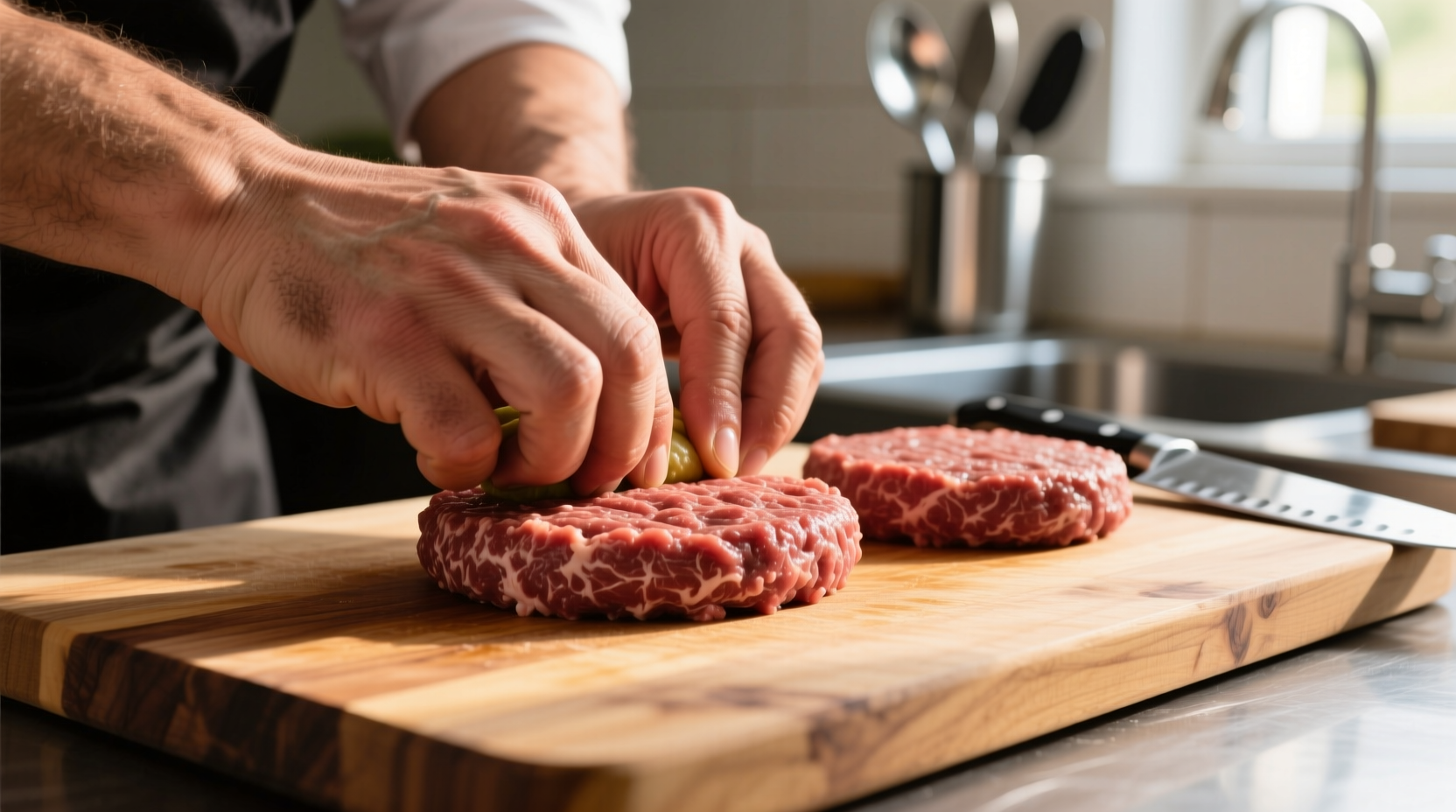 Hand shaping burger patties on cutting board