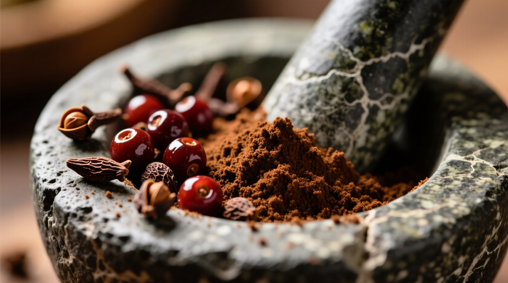 Whole allspice berries next to ground spice in mortar
