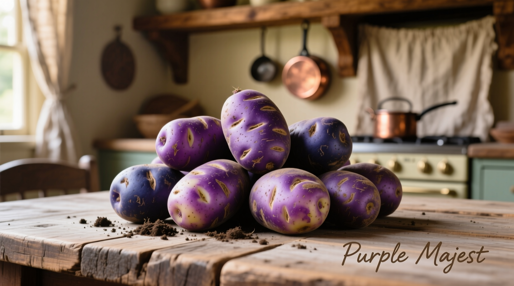 Fresh purple majesty potatoes on wooden table