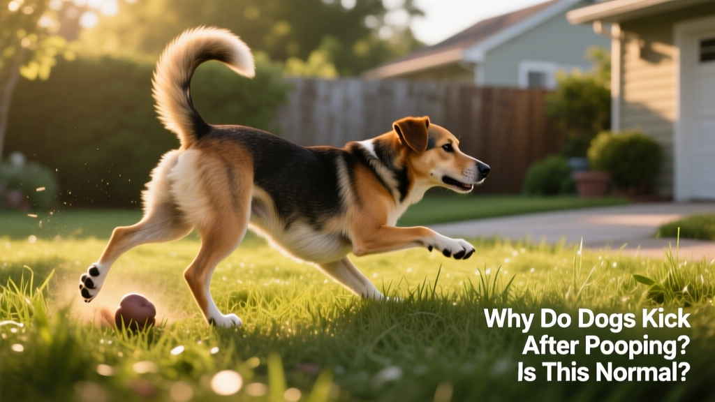 Dog mid-kick after pooping on grassy surface, hind legs extended, tail up