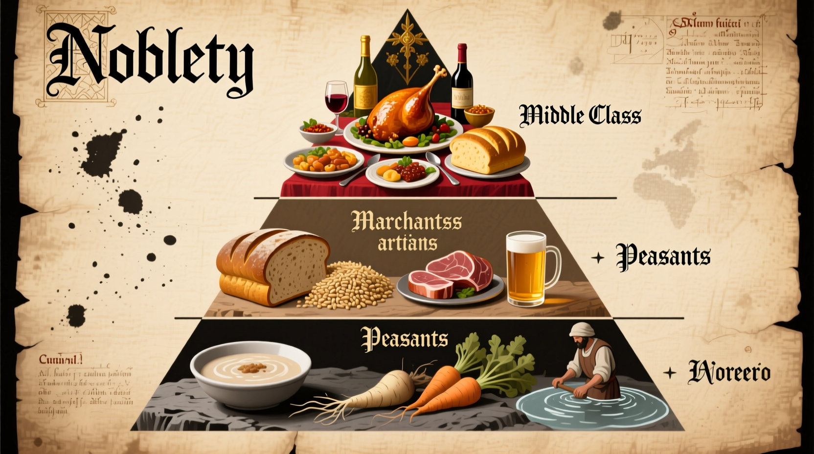 Historical food triangle diagram showing three dietary tiers
