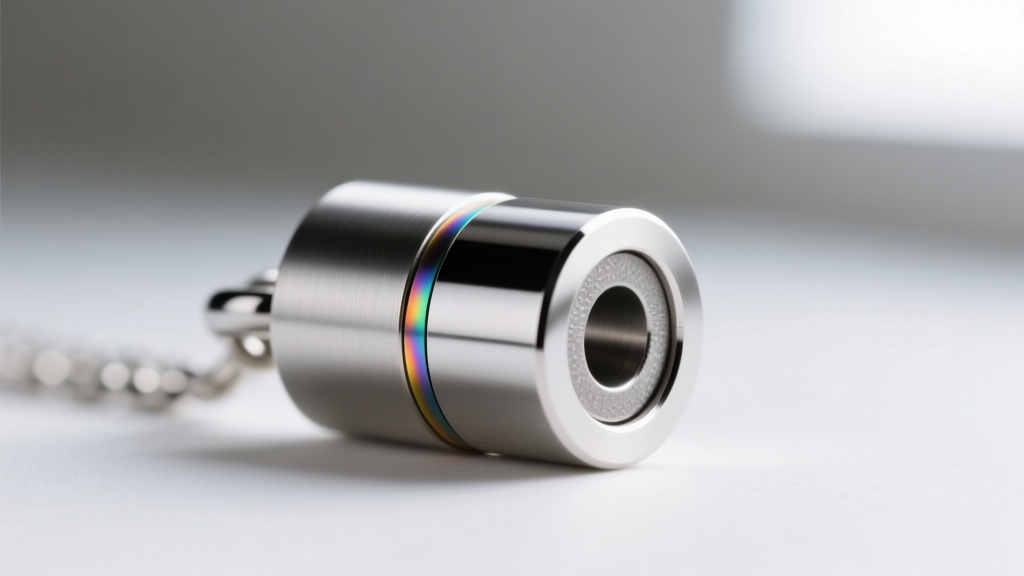 Macro photography of a silver cylindrical magnetic pendant casing showing the seamless weld sealing the neodymium core inside