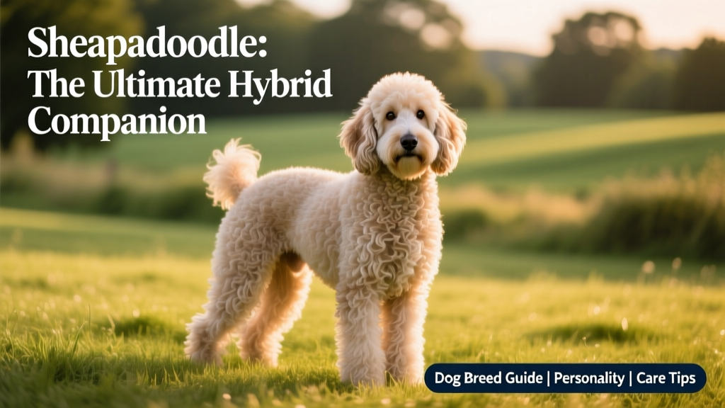A groomed Sheepadoodle standing confidently on a grassy lawn, showing off its soft, wavy coat